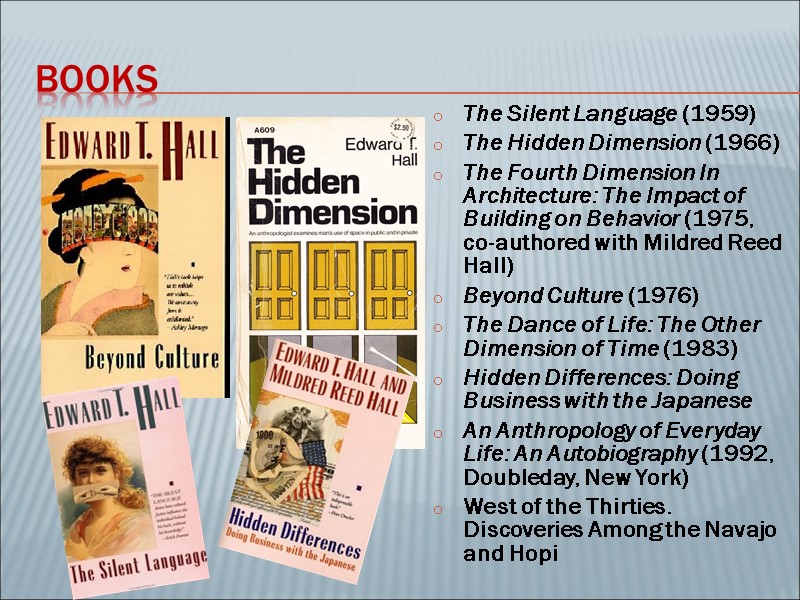 Books The Silent Language (1959) The Hidden Dimension (1966) The Fourth Dimension In Architecture: